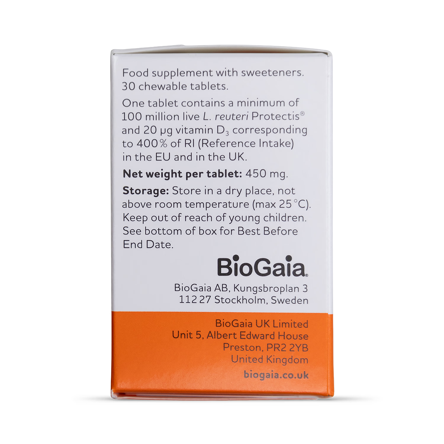 BioGaia Protectis D+ probiotic tablets with Vitamin D3, imported from the UK