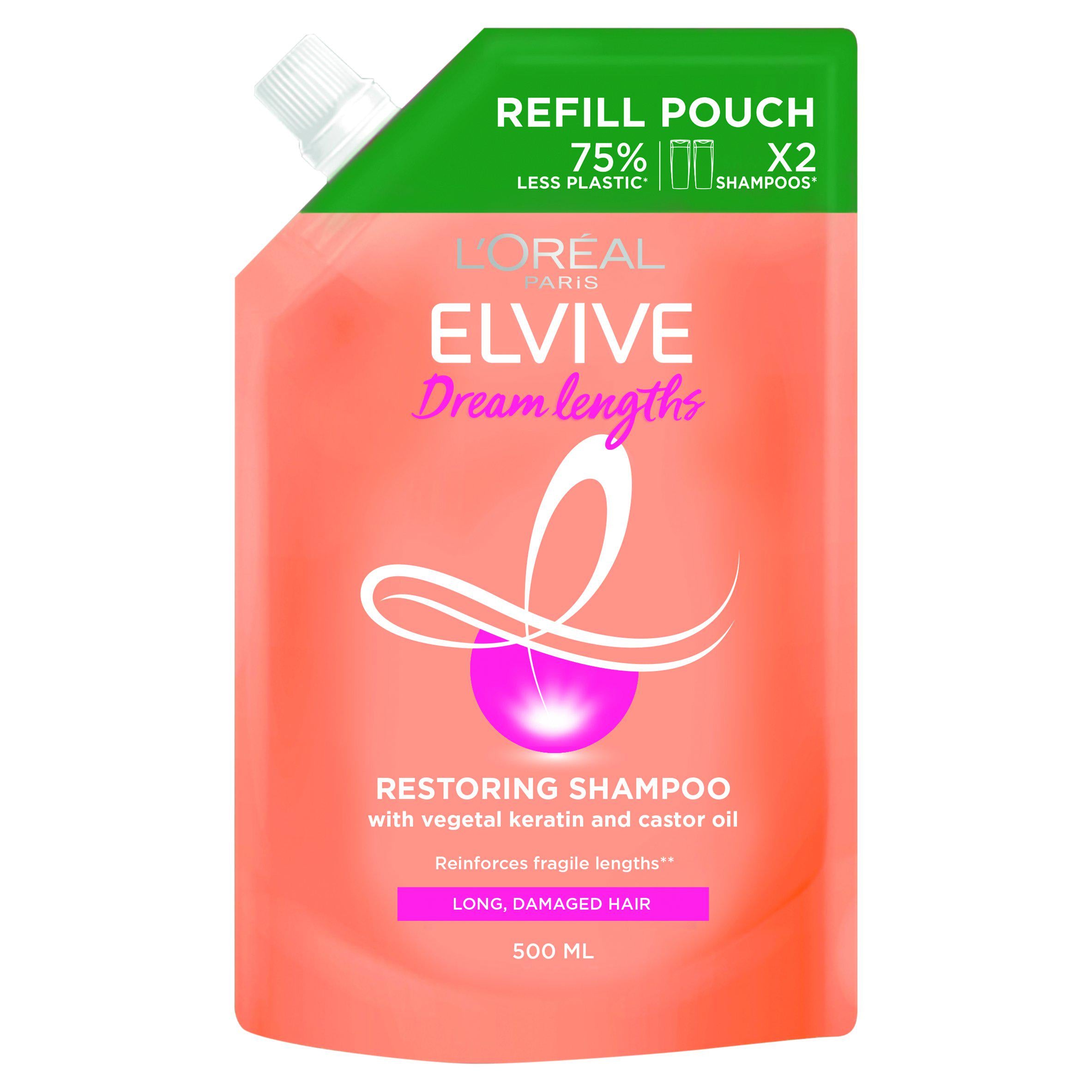 L'Oreal Elvive Dream Lengths Shampoo Refill Pouch for Long Damaged Hair 500ml shampoo & conditioners Sainsburys   