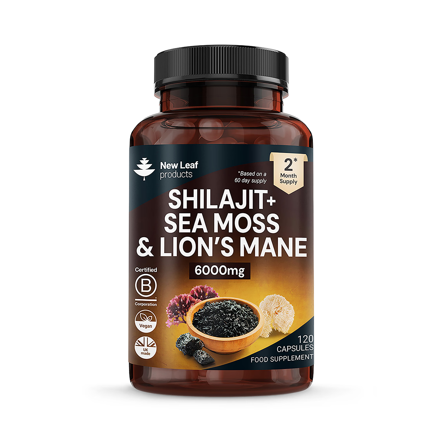 New Leaf Products Shilajit Sea Moss Lions Mane supplement capsules 120 ct, imported from the UK