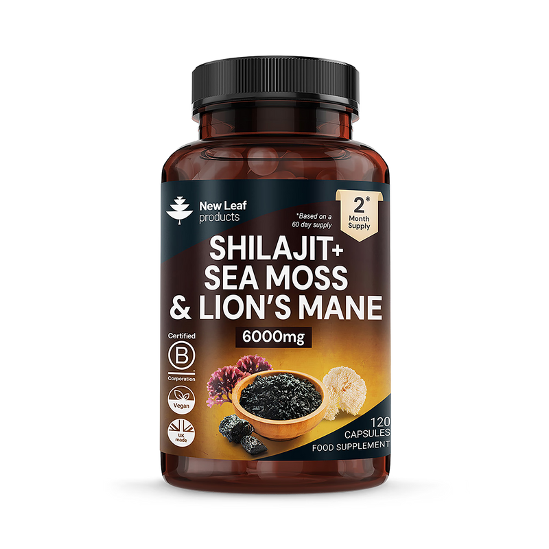 New Leaf Products Shilajit Sea Moss Lions Mane supplement capsules 120 ct, imported from the UK