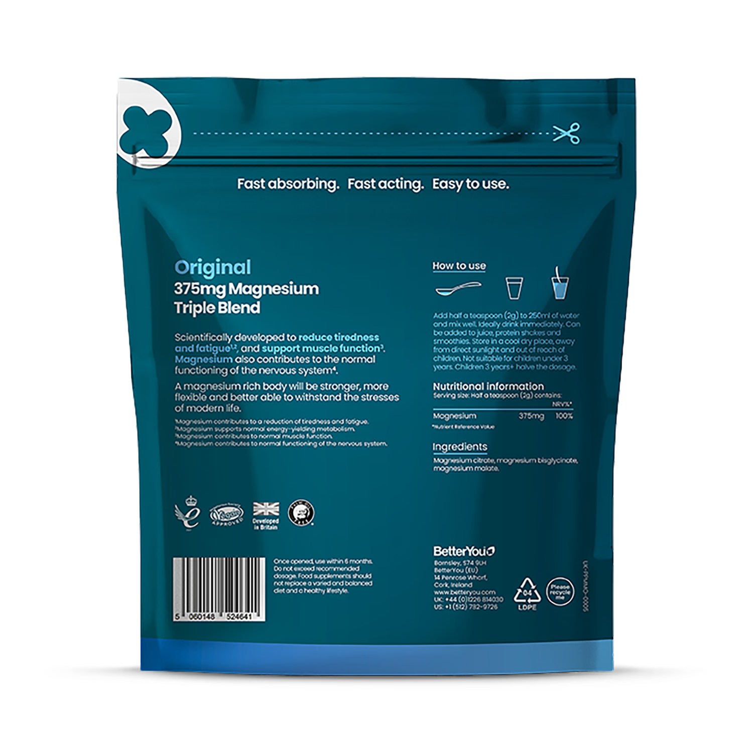 BetterYou Magnesium Max Original Magnesium Triple Blend Powder 120g - British product