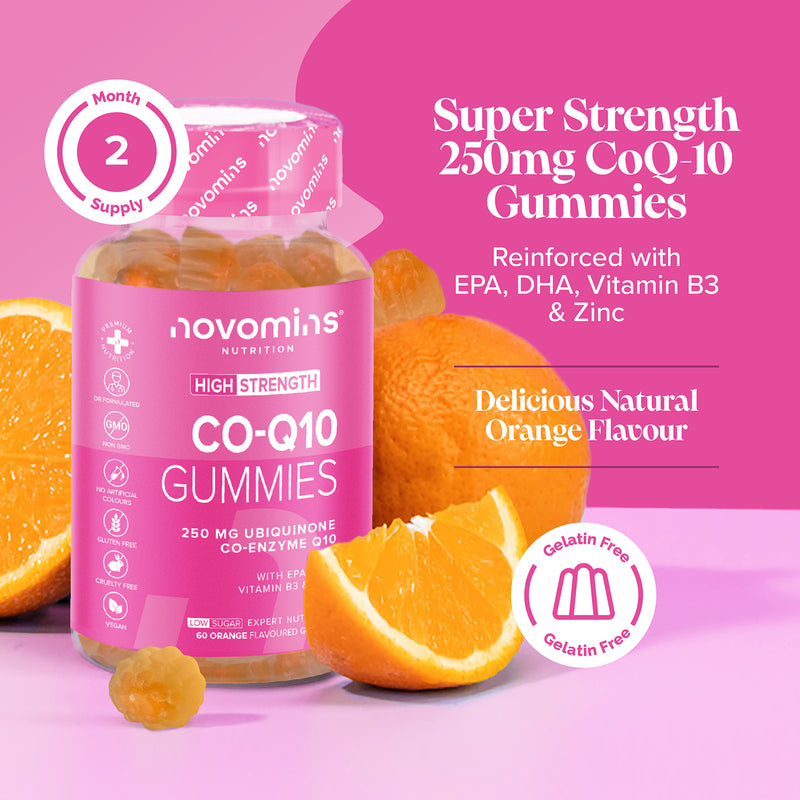 Novomins Co-Q10 peach flavour gummies 60 count, UK version