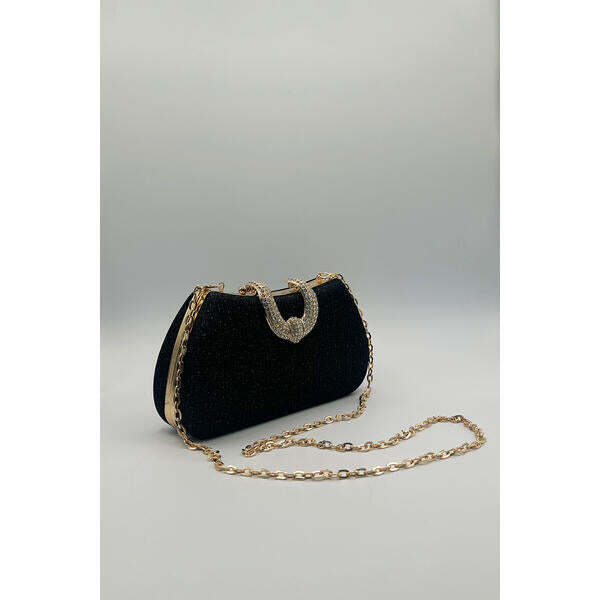 Schwarze Glitzer-Kupplungstasche mit goldener Hardware und Kettenband (britische Marke)