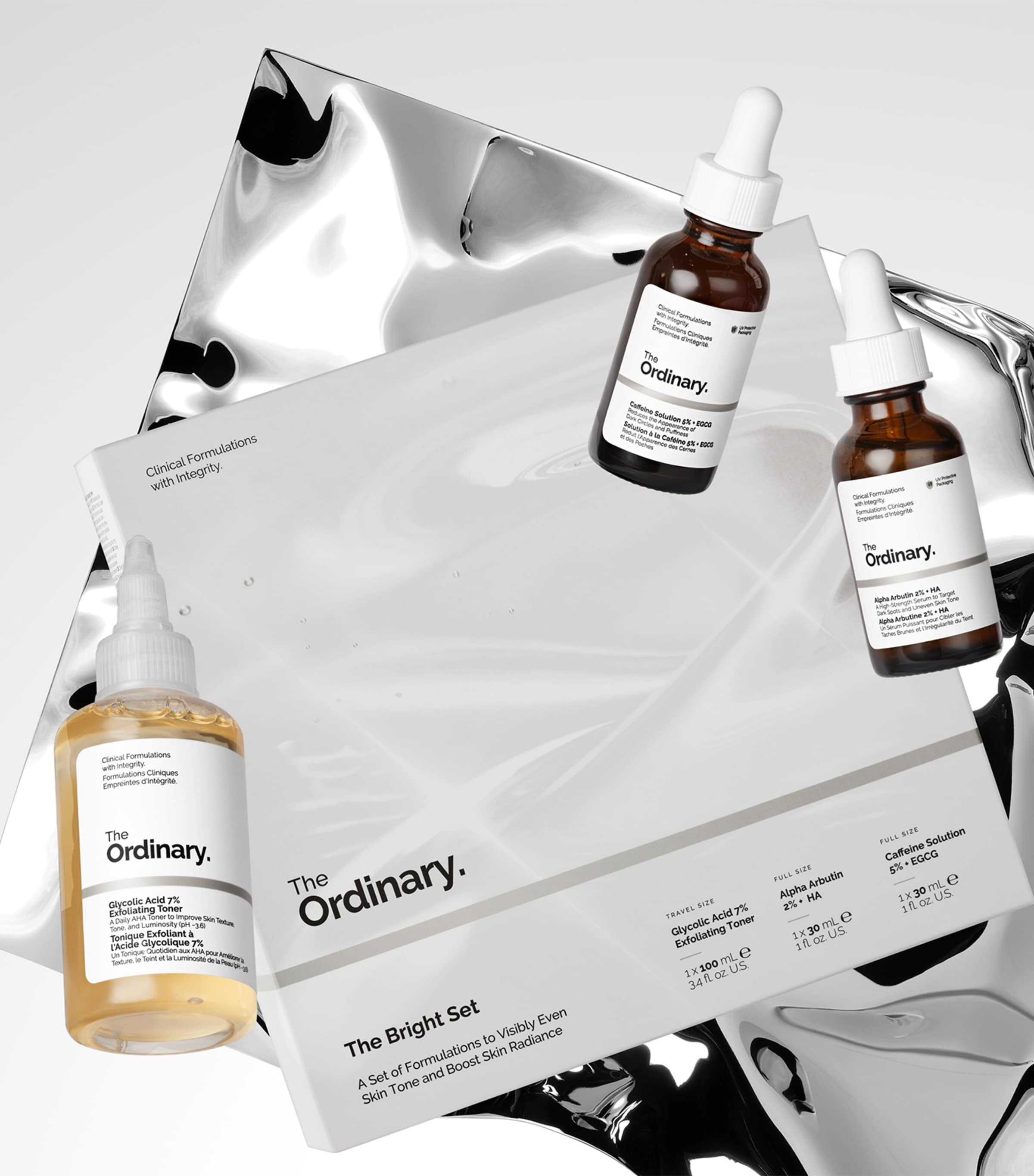 The Ordinary Bright Set with glycolic toner and serums, imported from the UK