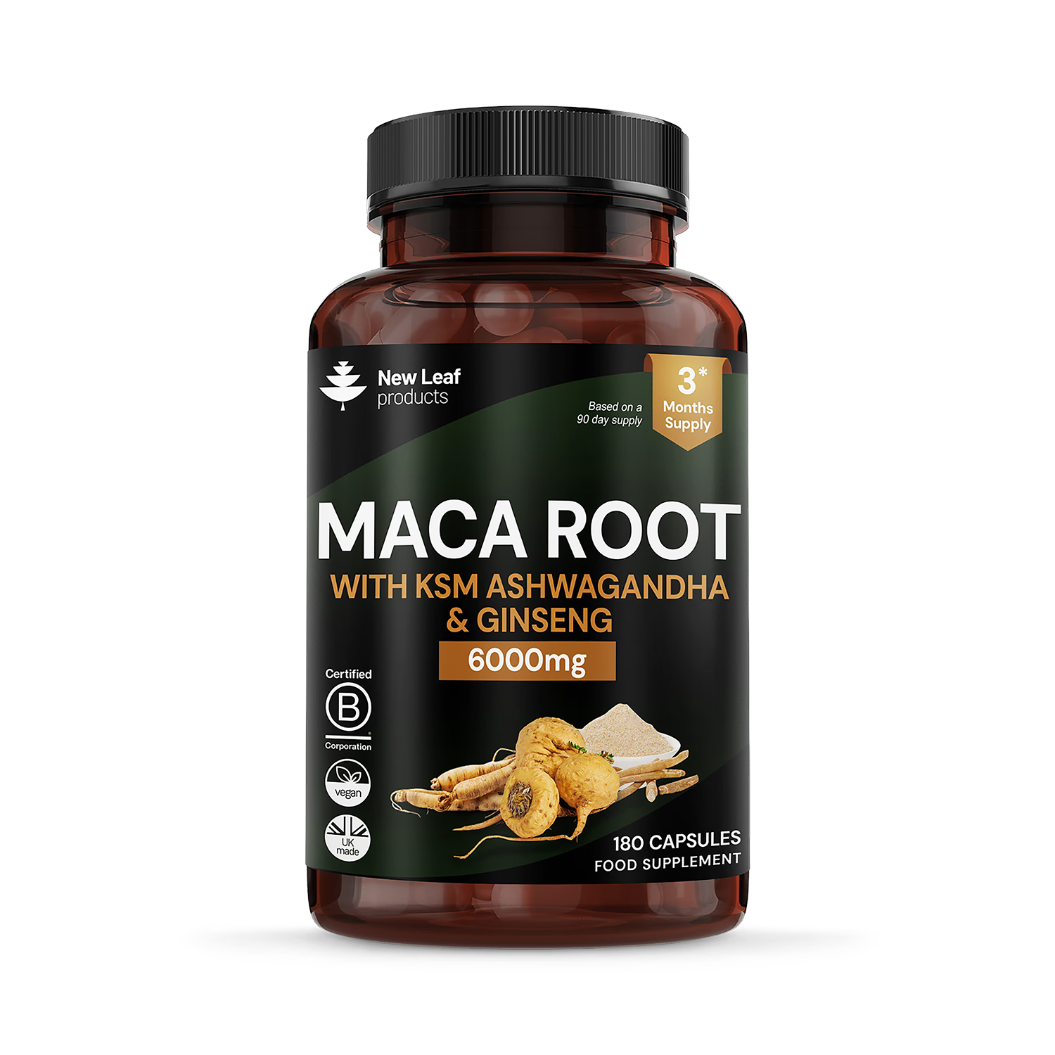 New Leaf maca root ashwagandha ginseng capsules 180 (British brand)