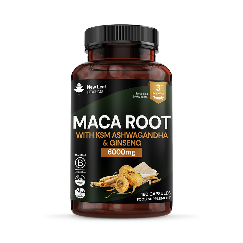 New Leaf maca root ashwagandha ginseng capsules 180 (British brand)