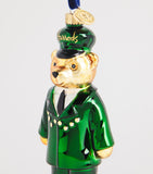 Harrods Green Man bear ornament with glass outer and velvet loop, UK version