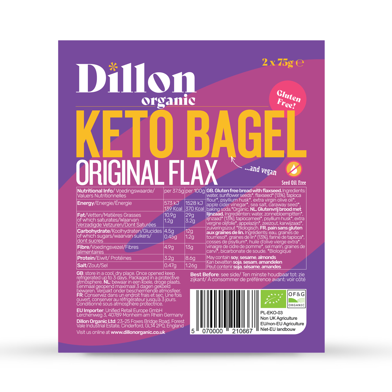 Dillon Organic keto bagel original flax 150g, imported from the UK