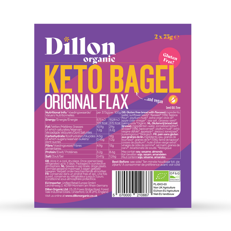 Dillon Organic keto bagel original flax 150g, imported from the UK