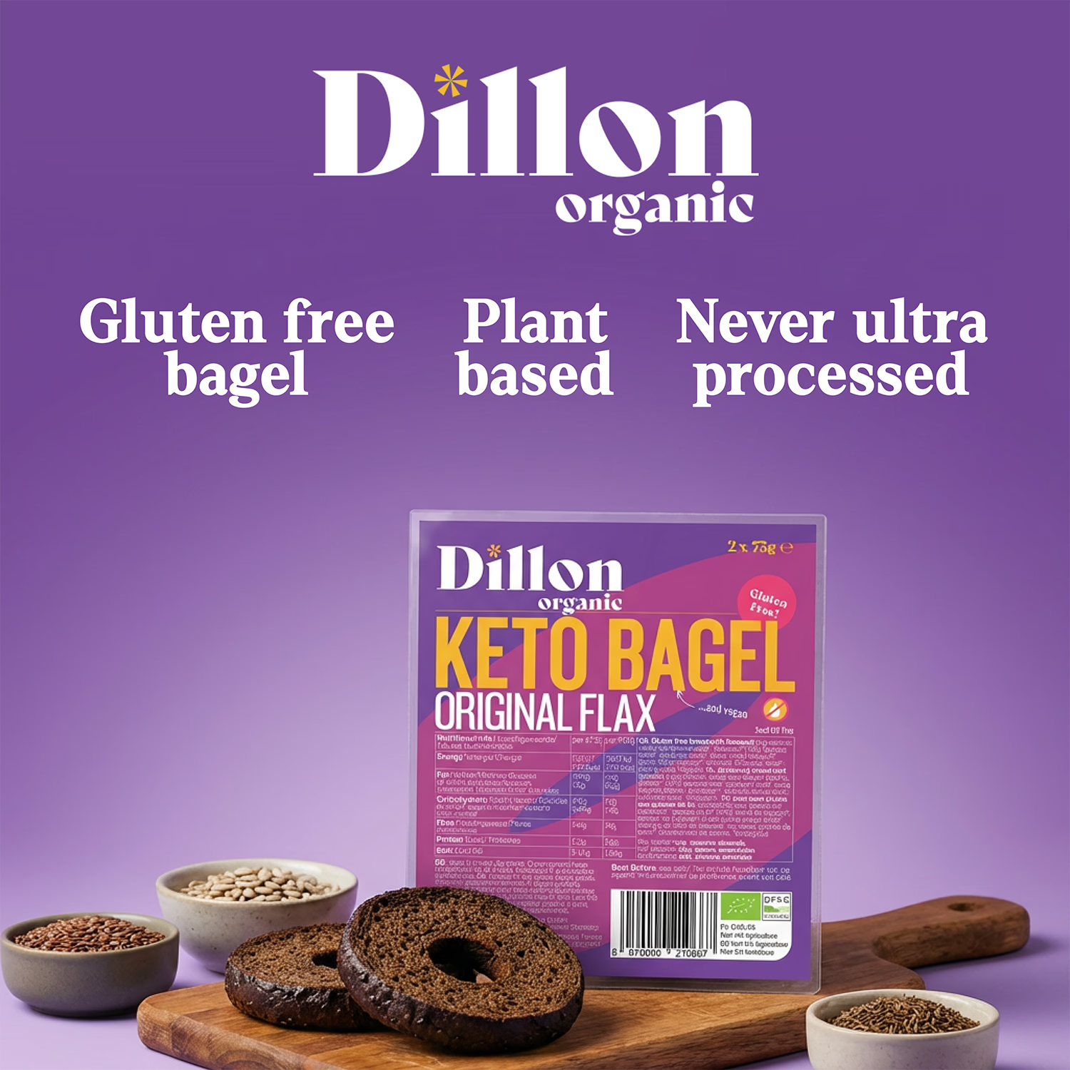 Dillon Organic keto bagel original flax 150g, imported from the UK