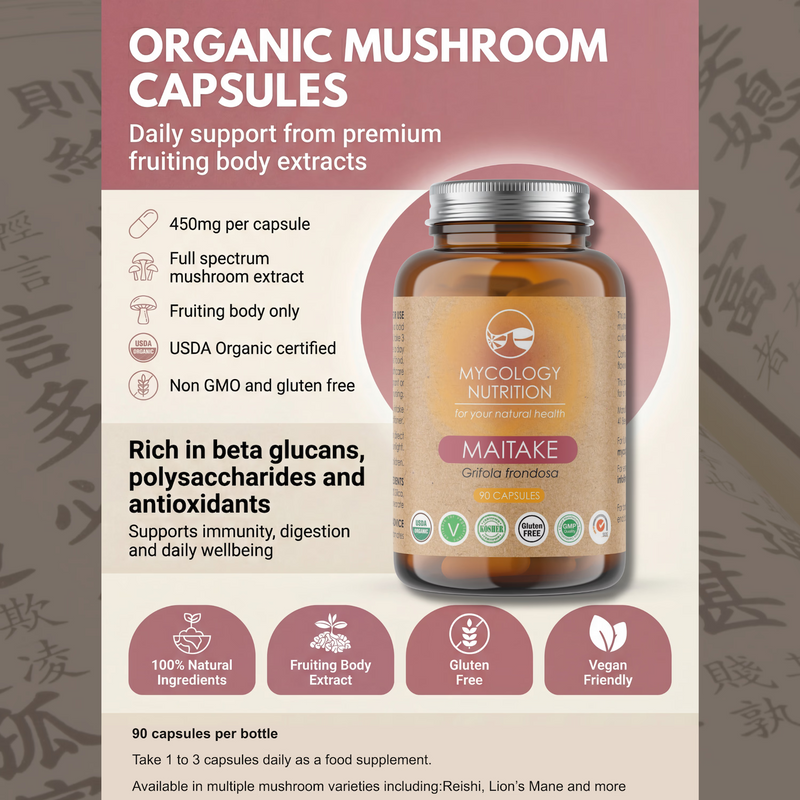 Mycology Nutrition organic Maitake mushroom capsules 450mg 90, UK version