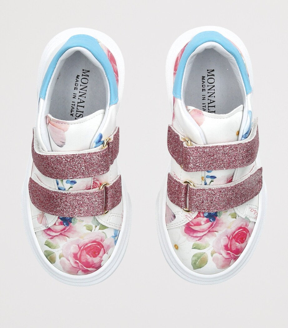 Monnalisa floral print leather sneakers for children with Velcro fastening, imported from the UK