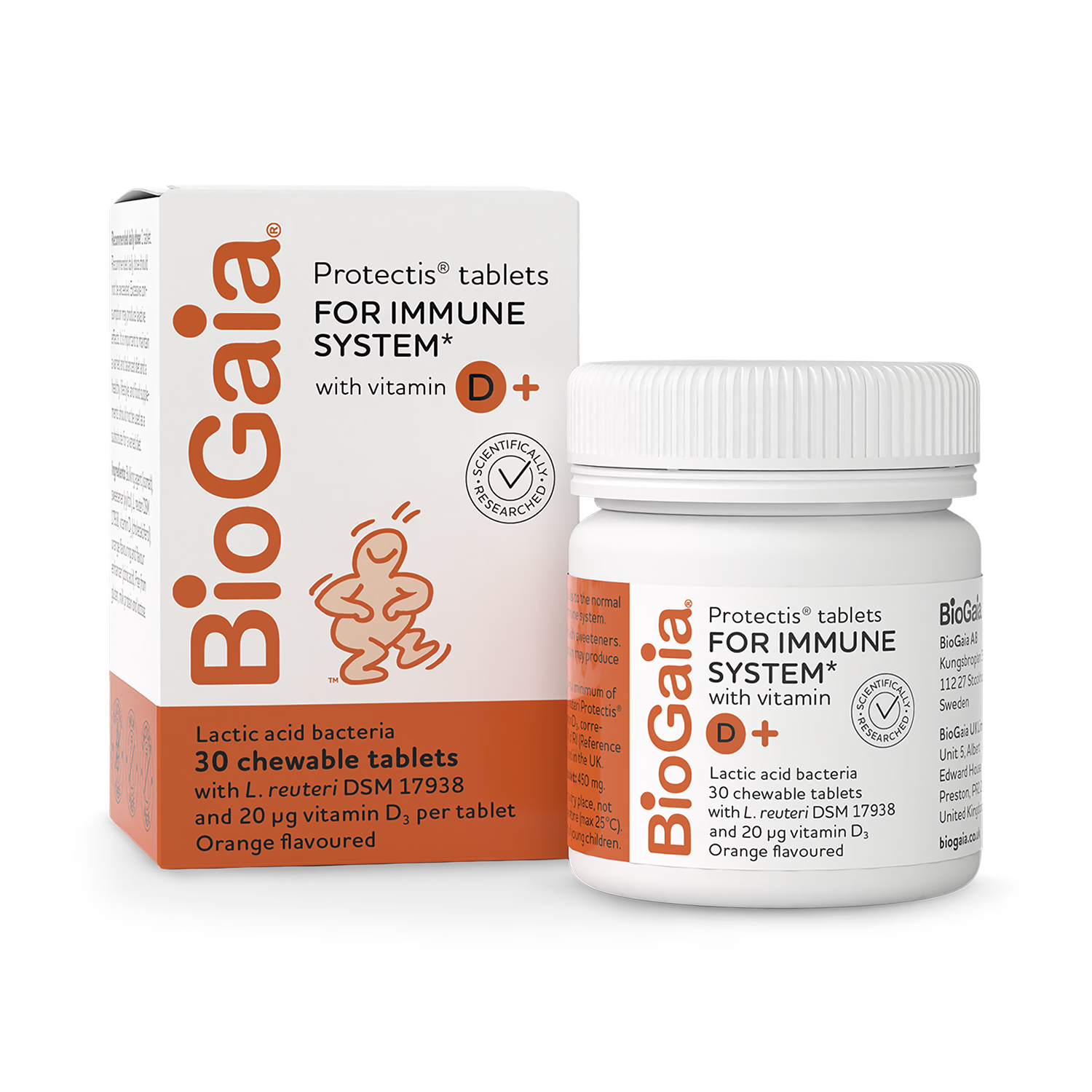 BioGaia Protectis D+ probiotic tablets with Vitamin D3, imported from the UK