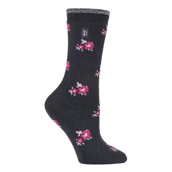 Heat Holders Ladies Ultra Lite Thermal Dress Socks 4-8 UK GOODS Superdrug Charcoal Floral (Bellis)  