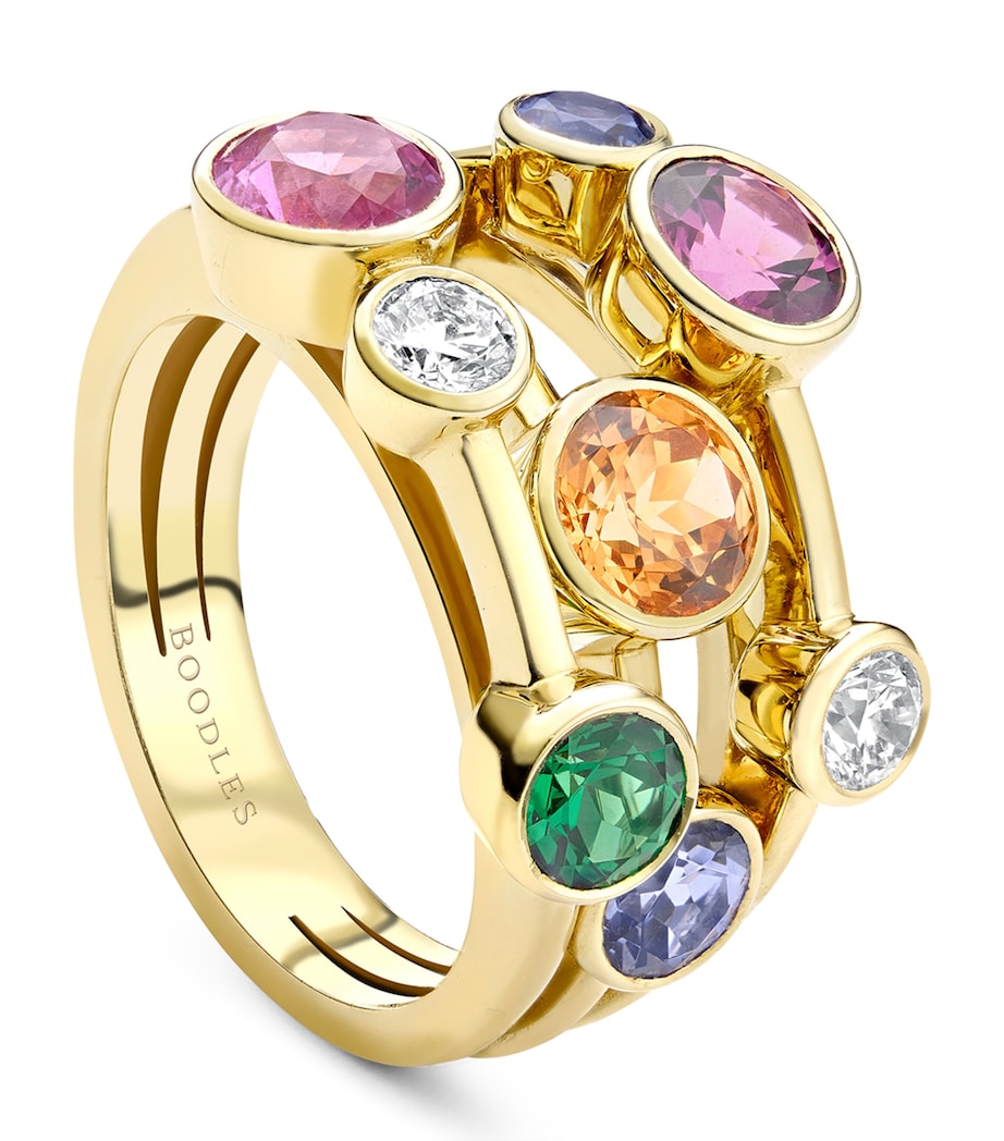 Boodles Raindance ring with multicoloured gemstones, imported from the UK
