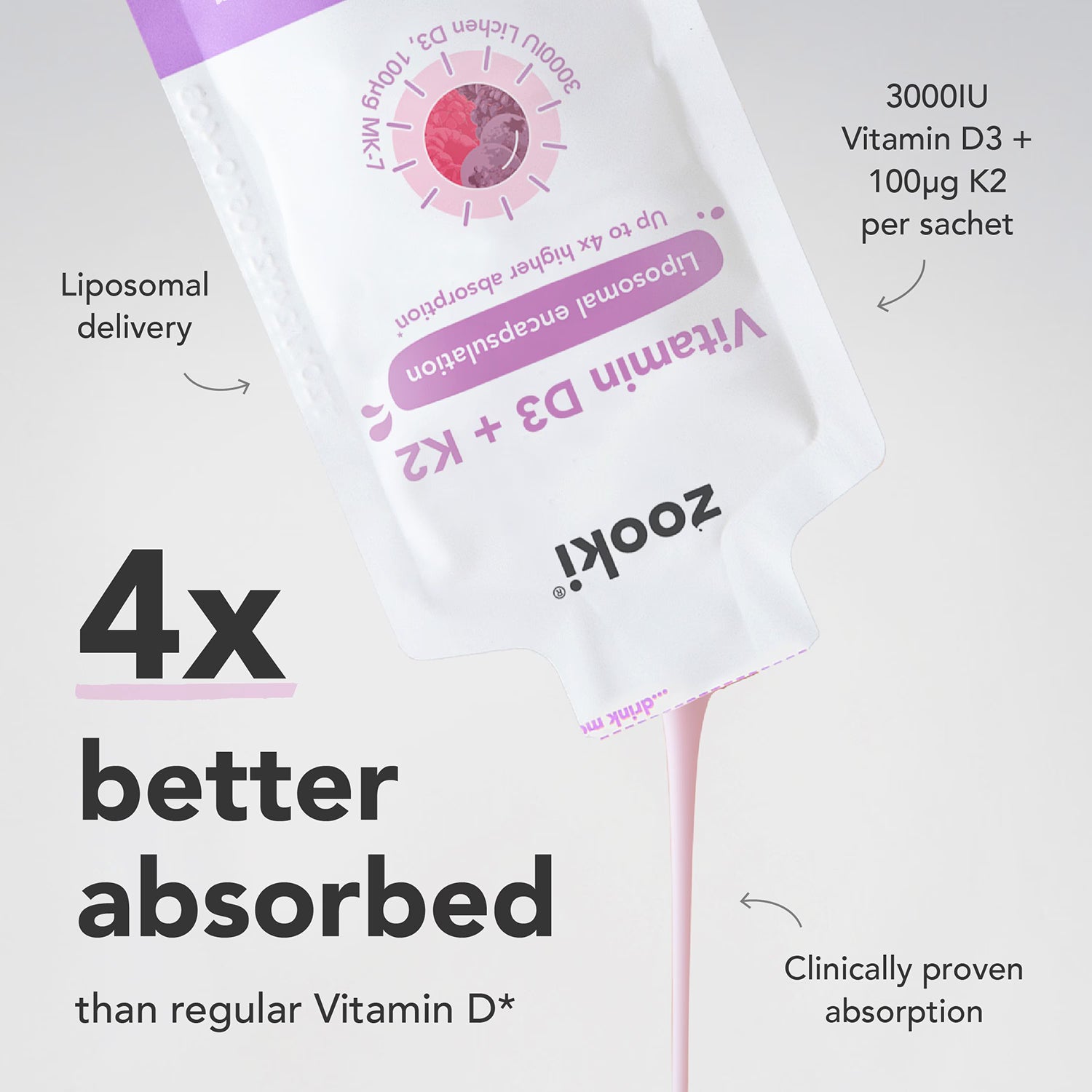 Zooki liposomal vitamin D3 K2 mixed berry 14 sachets (British brand)