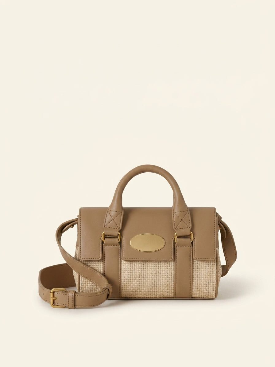 Mulberry Mini Bayswater raffia and leather tote bag, imported from the UK
