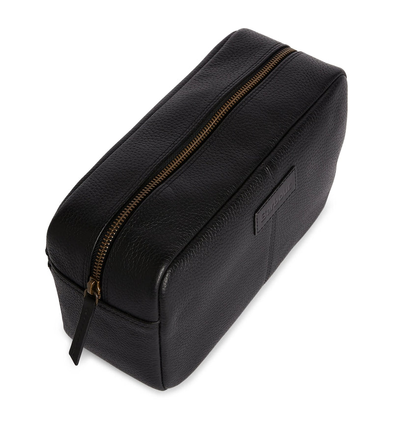 Barbour leather travel wash bag with grab handle and exterior pocket - British product