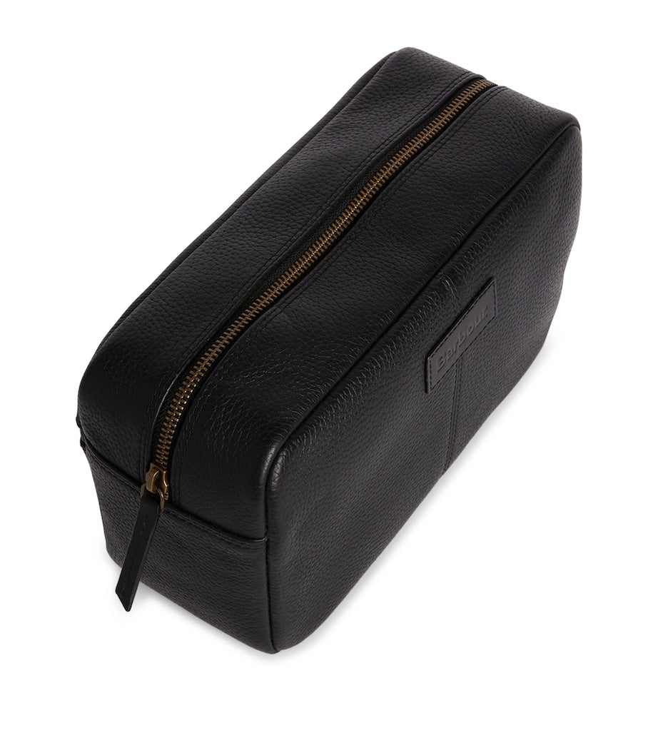 Barbour leather travel wash bag with grab handle and exterior pocket - British product