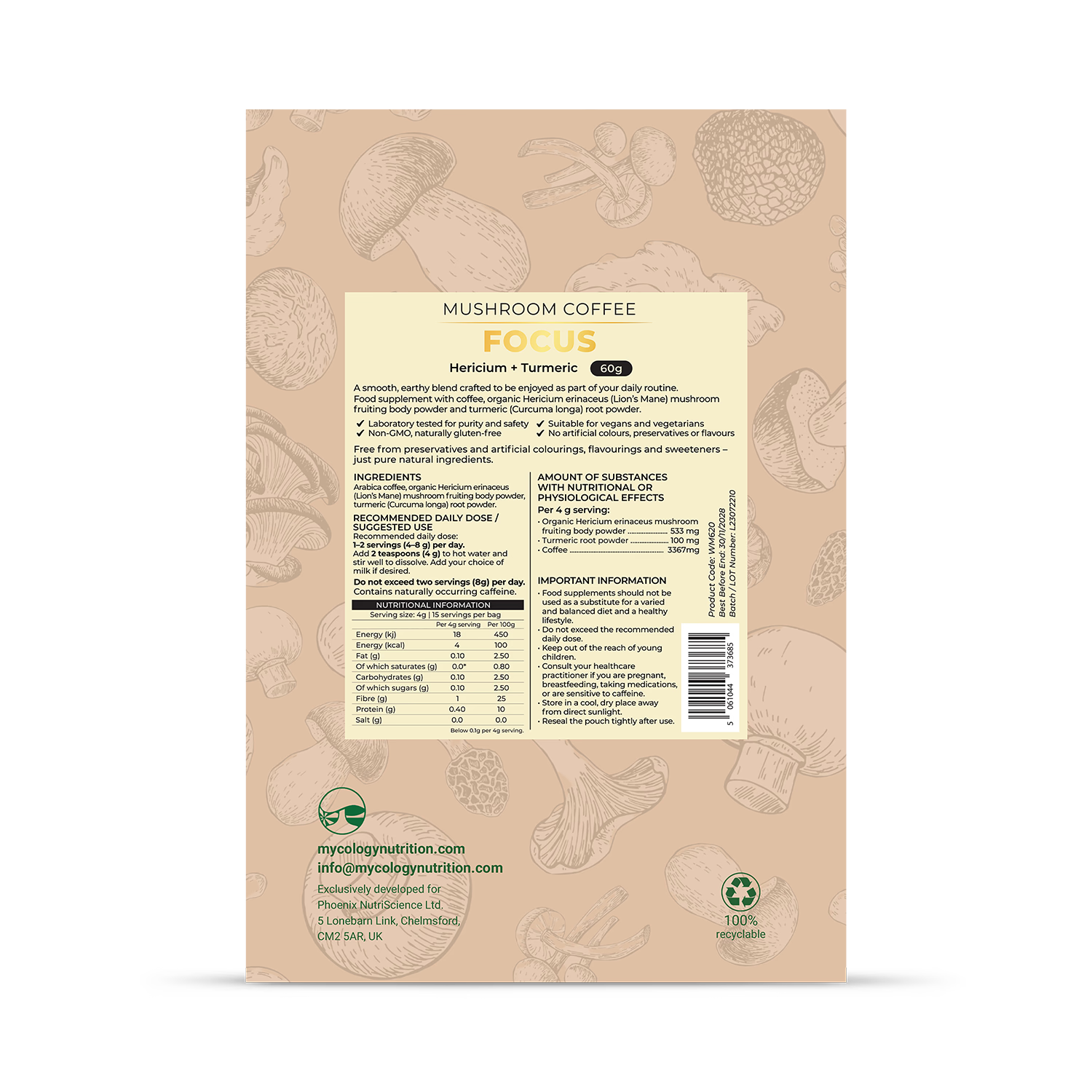 Mycology Nutrition Focus Coffee Lion's Mane Turmeric 60g (British brand)