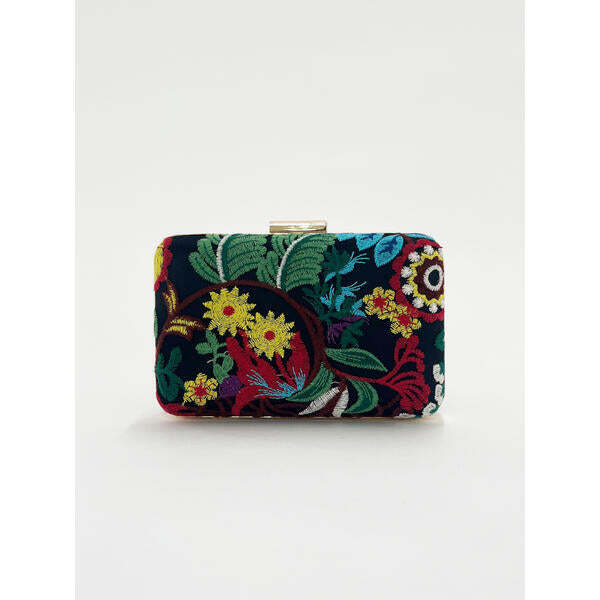 SVNX square clutch with multicoloured embroidered florals (British brand)