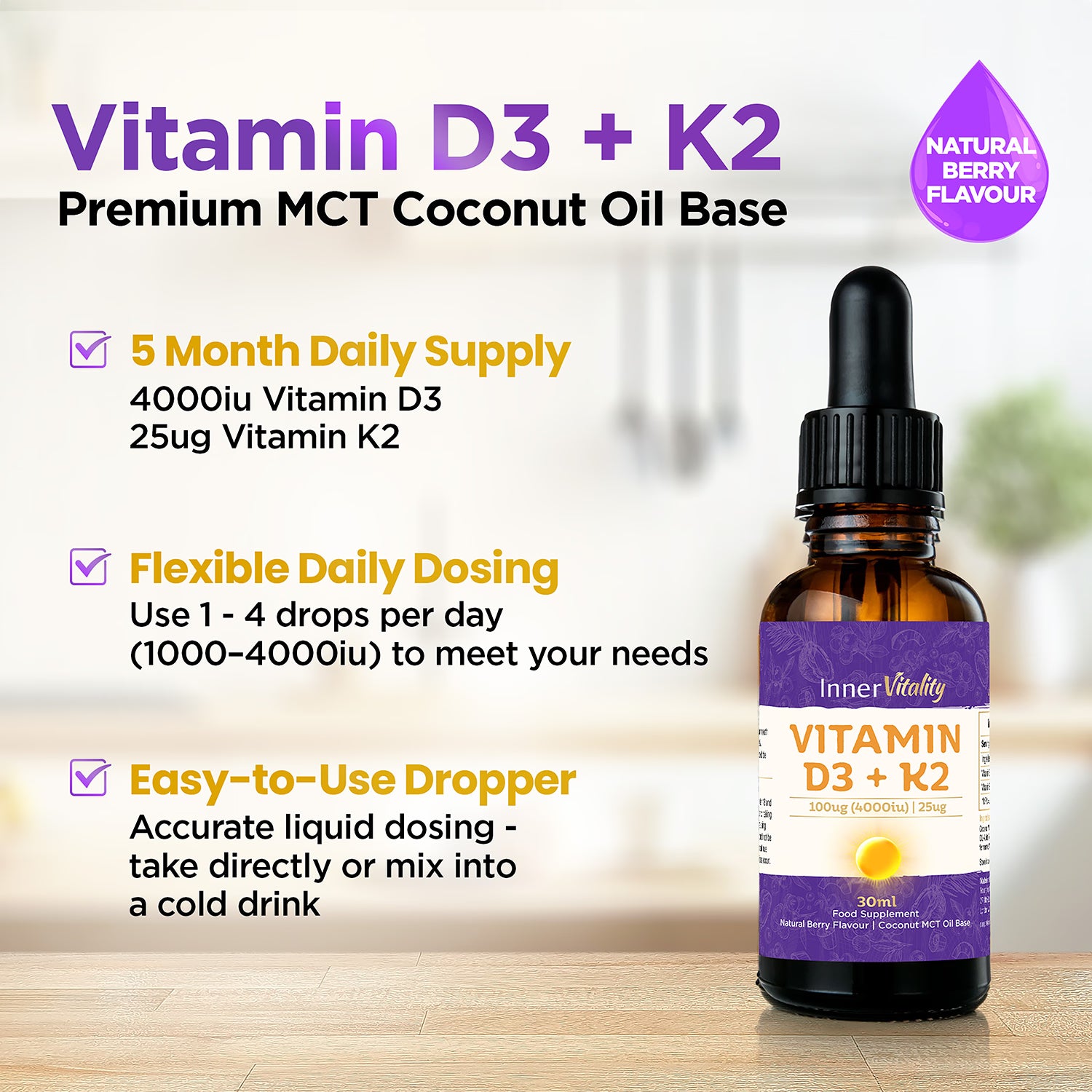 Inner Vitality D3 K2 drops Natural Berry 30ml (British brand)