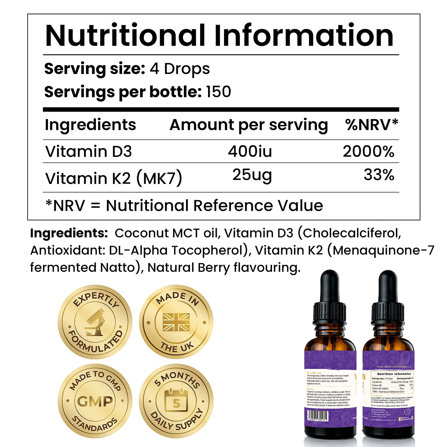 Inner Vitality D3 K2 drops Natural Berry 30ml (British brand)