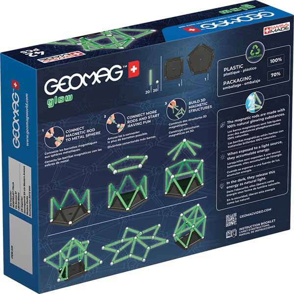 Geomag Glow recycled plastic magnetic building set 42 pieces, imported from the UK