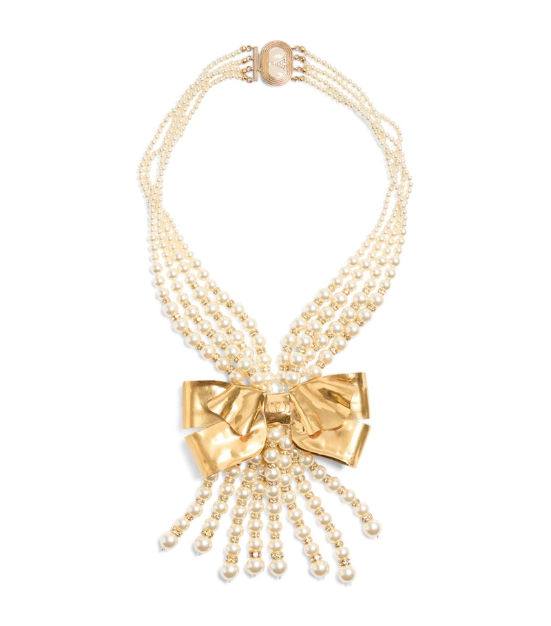 Valentino Garavani faux pearl layered necklace with brass bows, UK version