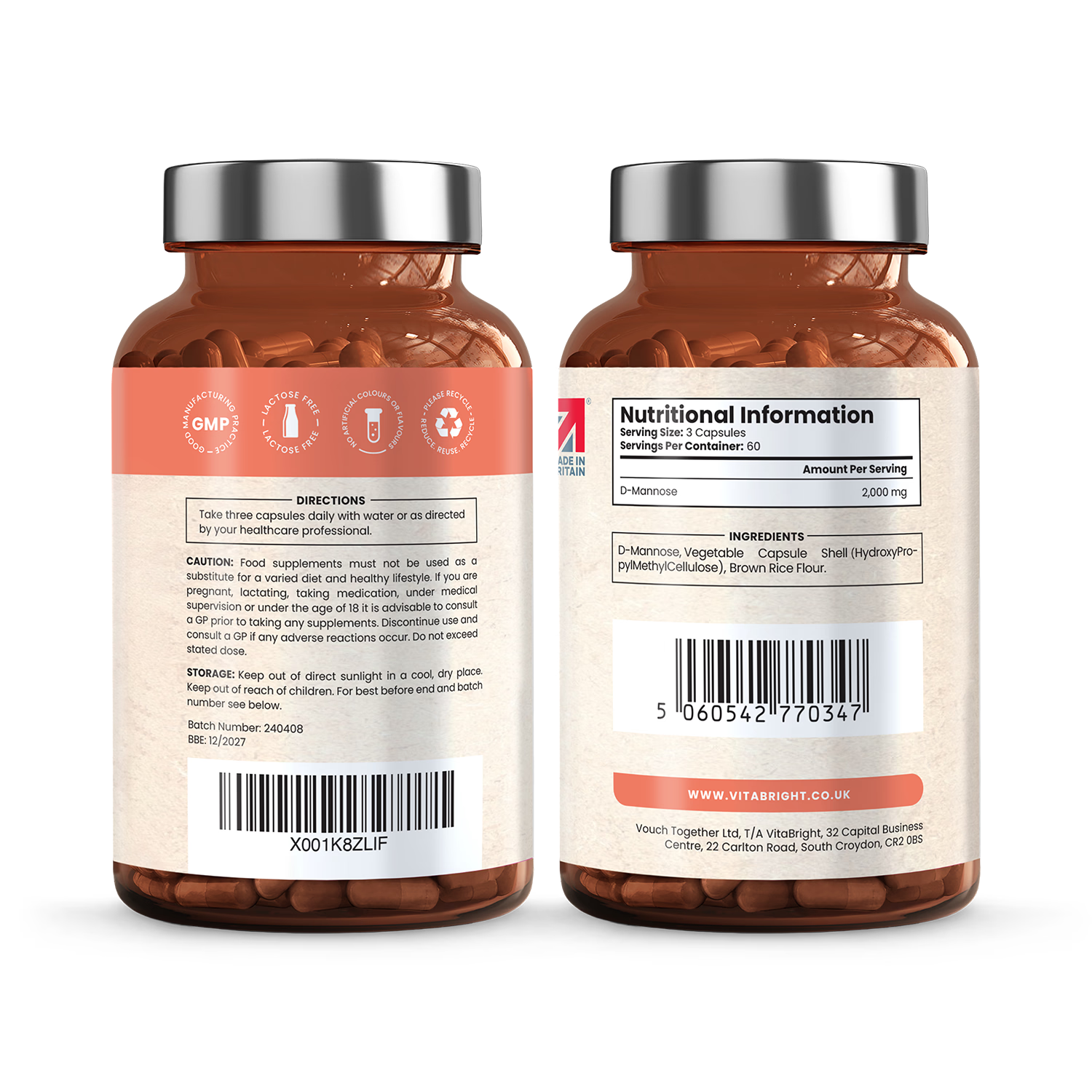 VitaBright pure D-Mannose 2000mg 180 capsules, UK version