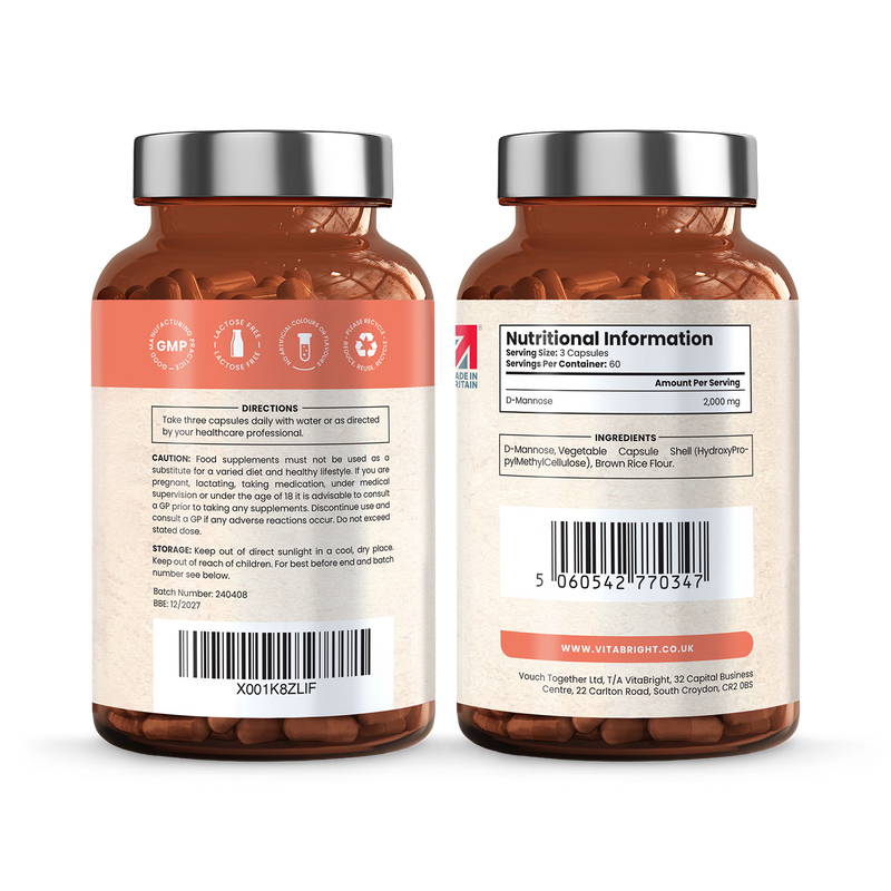 VitaBright pure D-Mannose 2000mg 180 capsules, UK version
