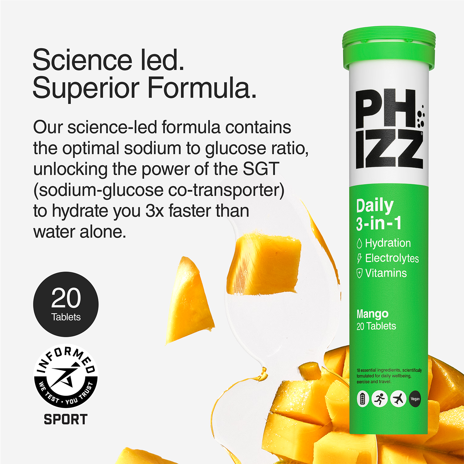 Phizz hydration electrolytes vitamins mango 20 tablets, imported from the UK