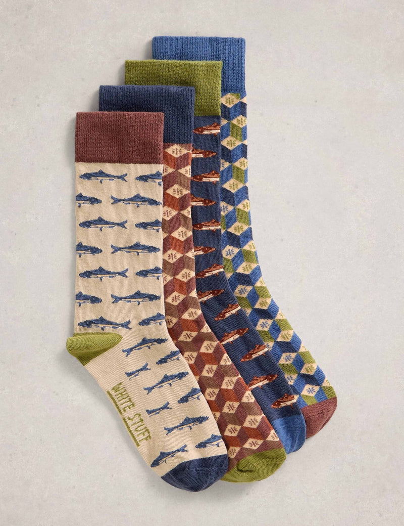 White Stuff baumwollreiche Fischmuster Socken 4er Packung, UK-Version