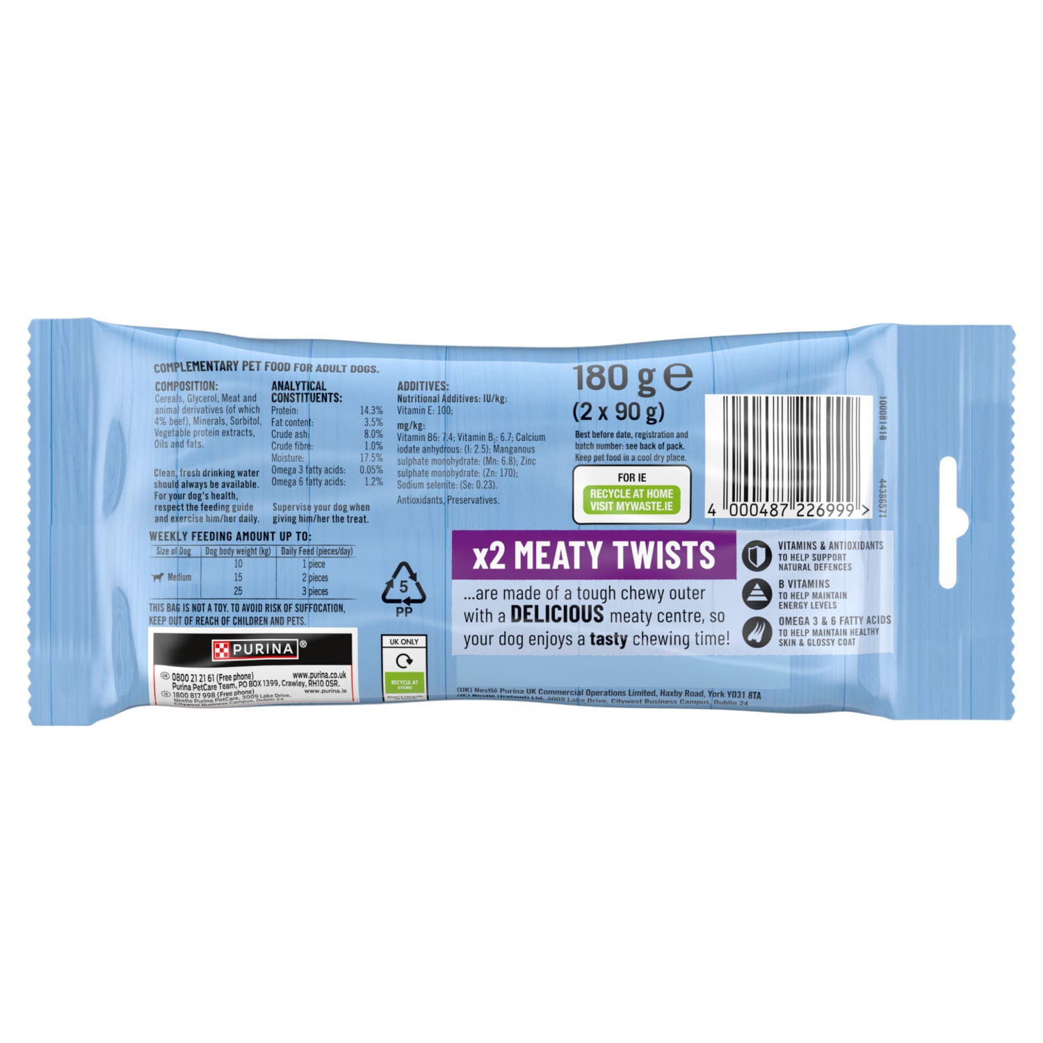 Bakers Meaty Twists Medium Beef dog chews 180g, imported from the UK