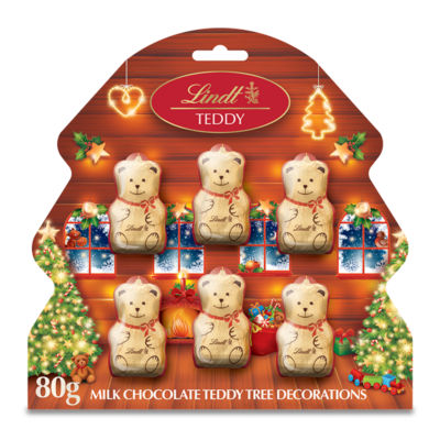 Lindt milk chocolate Teddy Christmas tree decorations 60g, UK version