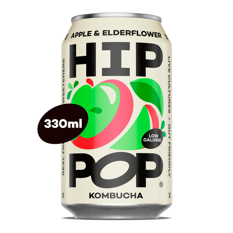 Hip Pop Apple & Elderflower Kombucha 330ml, imported from the UK