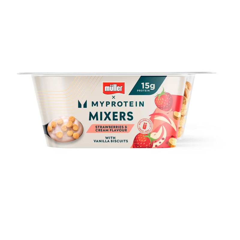 Müller x Myprotein yogurt Strawberries & Cream Mixers 140g, imported from the UK