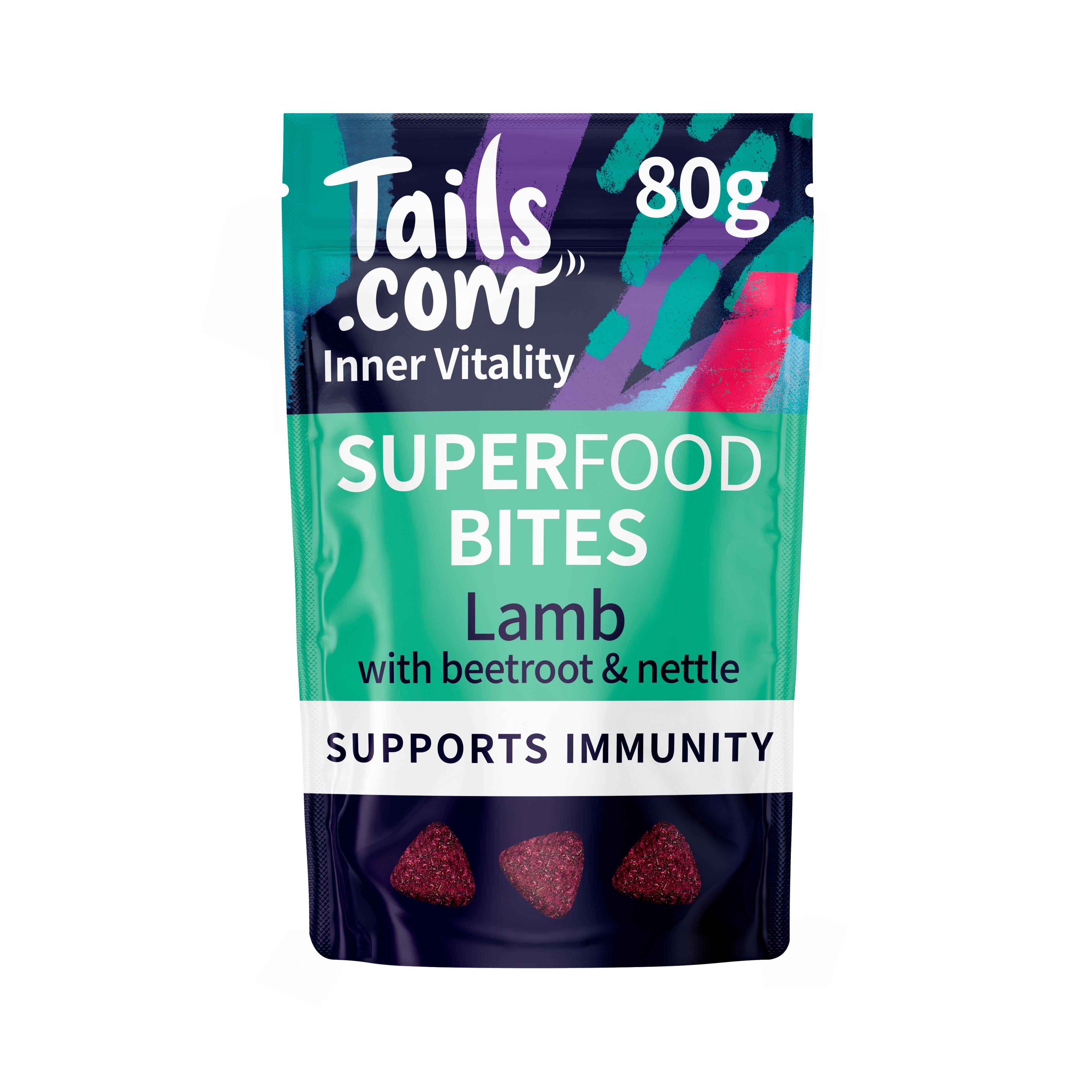 Tails.com Superfood Bites lamb beetroot nettle 80g, imported from the UK