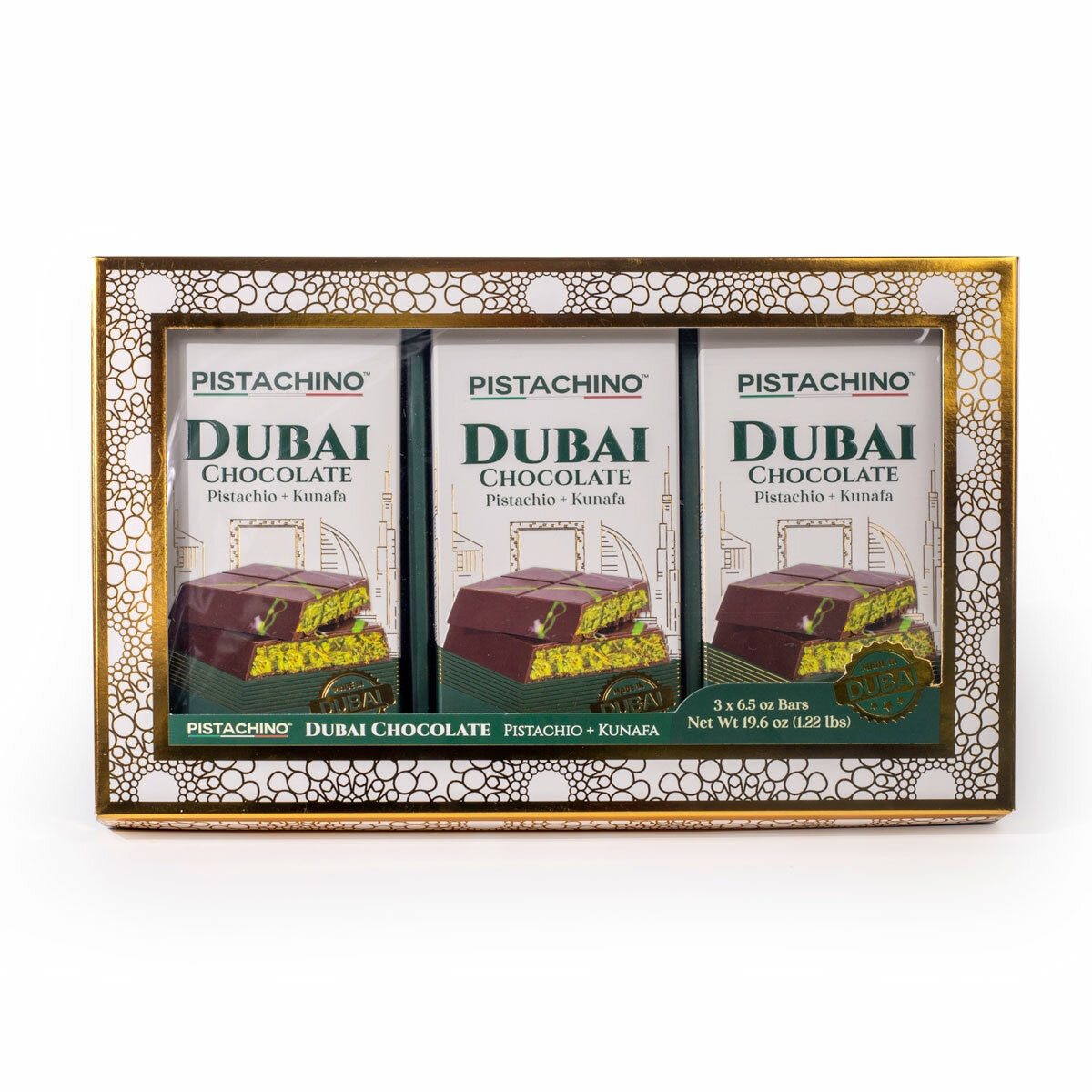 Pistachino Dubai chocolate bar gift set 3x185g, imported from the UK