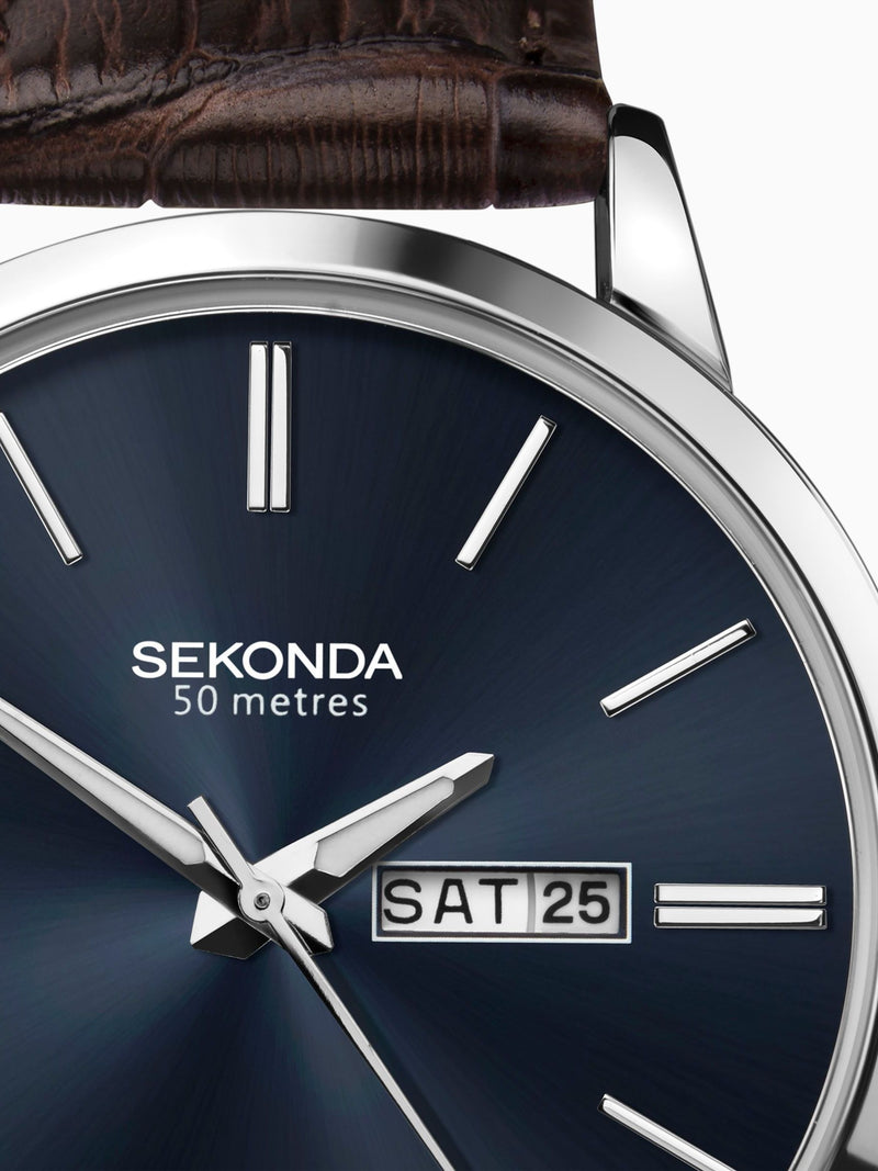 Brown watch leather strap blue dial 40mm case, imported from the UK