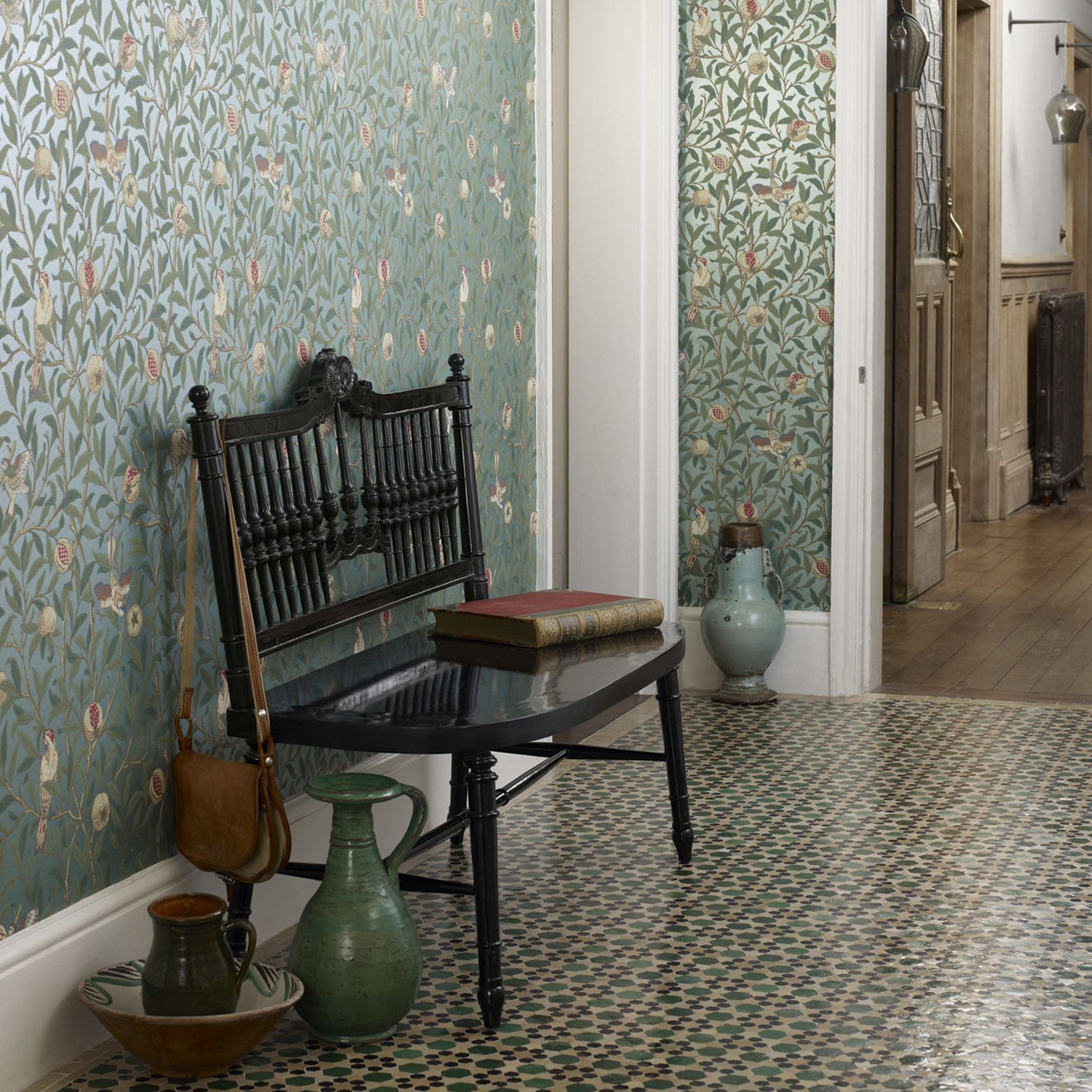 Morris & Co floral wallpaper green bird pomegranate, UK version