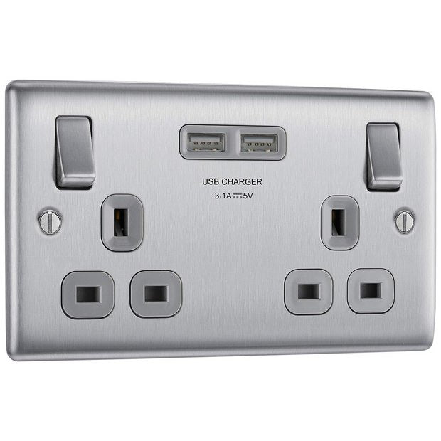 BG 2 gang socket with USB 3.1 stainless steel - British product