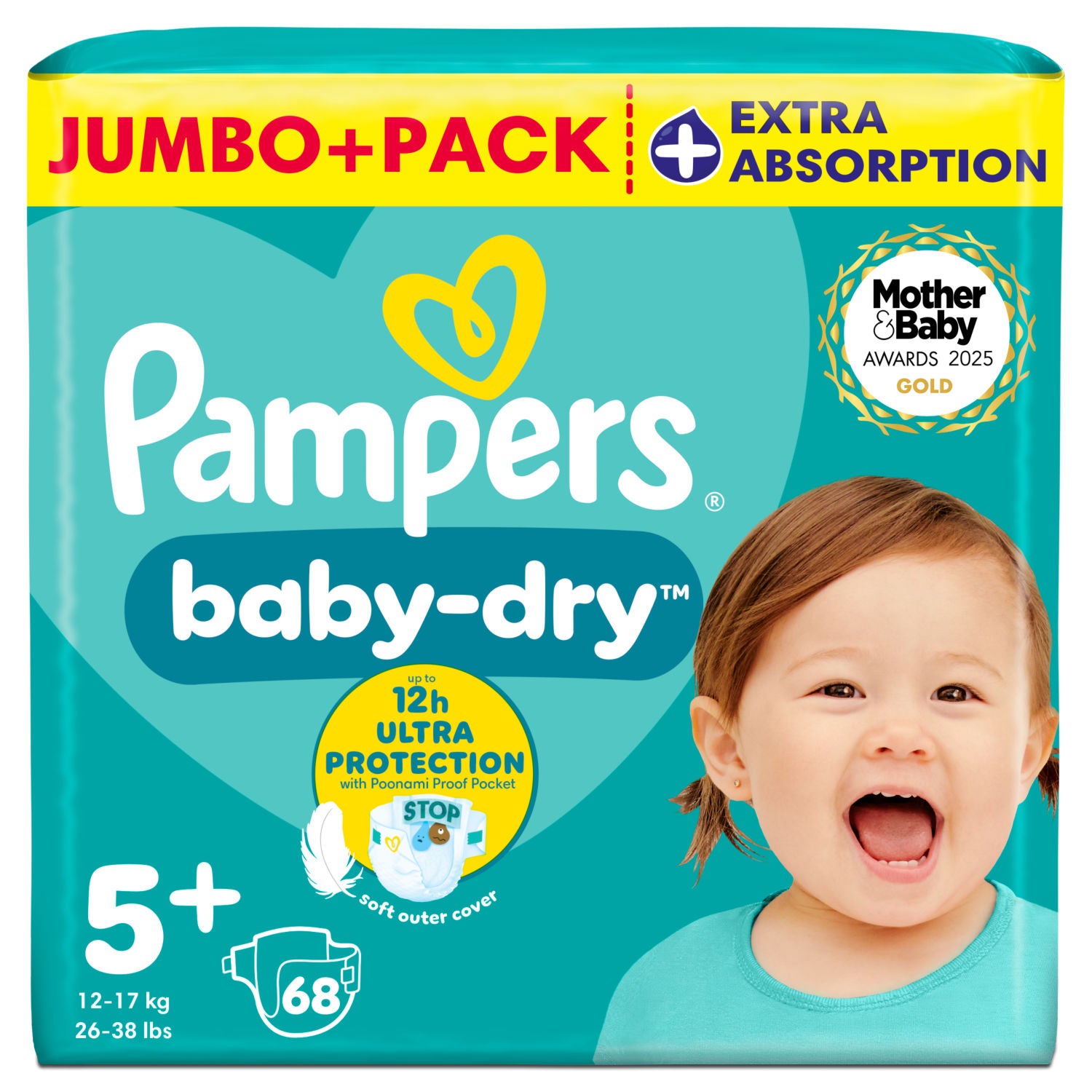 Pampers Baby-Dry nappies size 5+ 68 count - British product