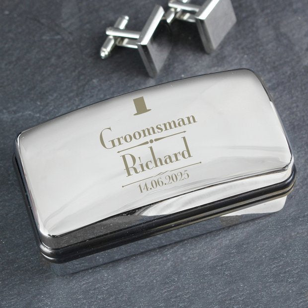 Personalised groomsman cufflink box chrome plated keepsake, imported from the UK