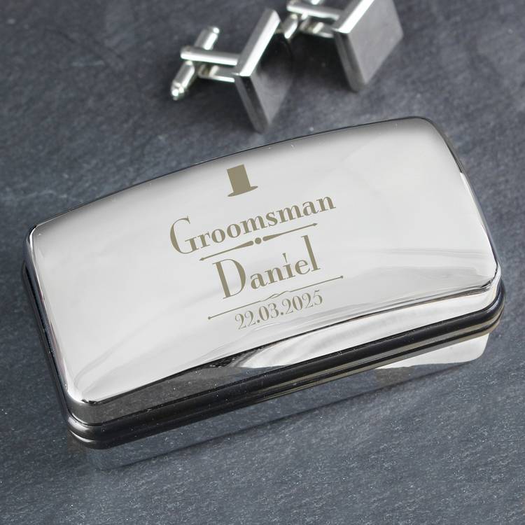 Personalised groomsman cufflink box chrome plated keepsake, imported from the UK