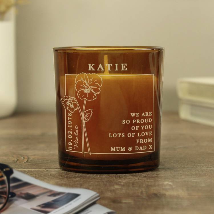 Personalised vanilla scented February birth candle in amber glass jar, UK version
