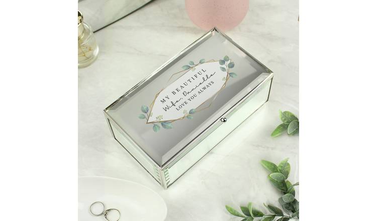 Personalised botanical jewellery box with mirrored finish, imported from the UK