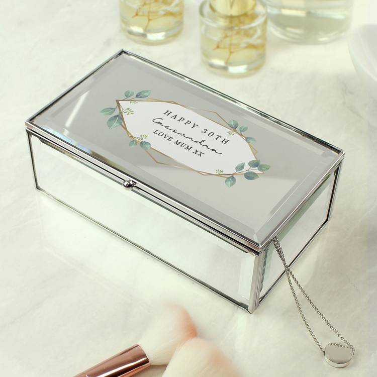 Personalised botanical jewellery box with mirrored finish, imported from the UK