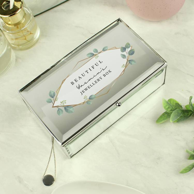 Personalised botanical jewellery box with mirrored finish, imported from the UK