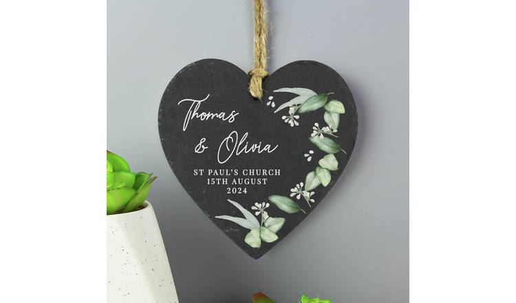 Personalised botanical slate heart ornament, UK version